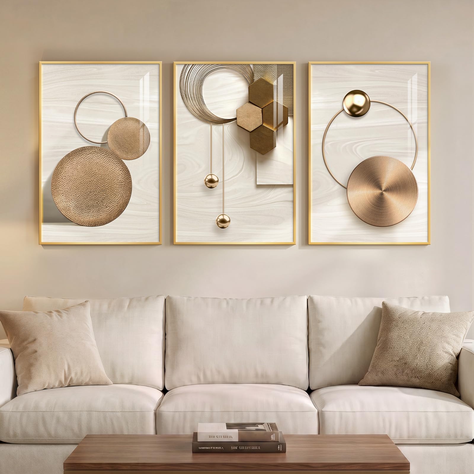 Large Modern Luxury Gold Wall Art 3 Piece – Vivid Style Art Prints – Artwork for Walls, Bronze Gold Geometric Pictures for Living Room, Dining Room, Bedroom – 50.8 x 76.2 cm — image 1