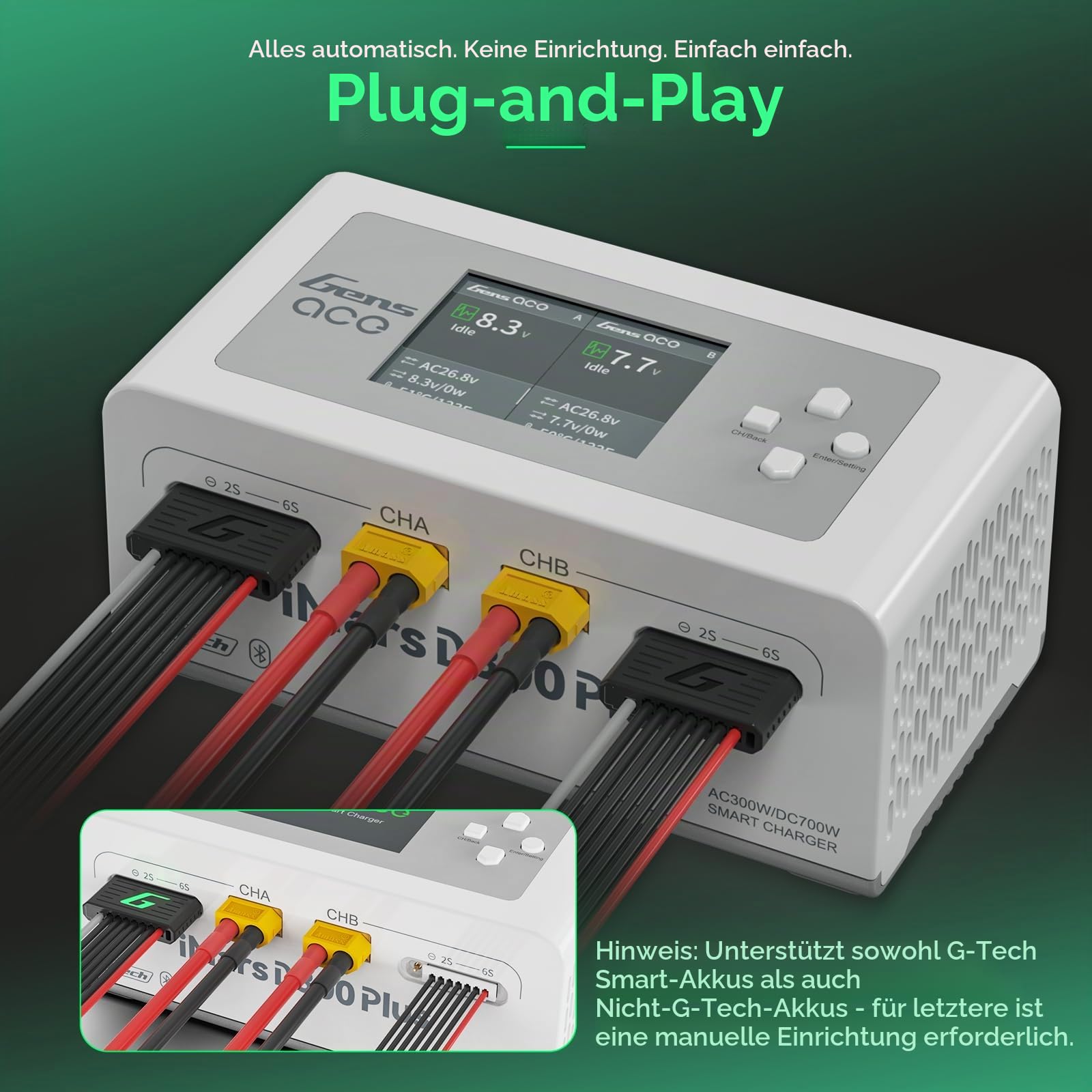 Gens ace iMars D300 Plus Smart Ladegerät, Dual-Channel RC Akku Lader mit G-Tech, Bluetooth App, AC 300W / DC 350W×2, Weiß