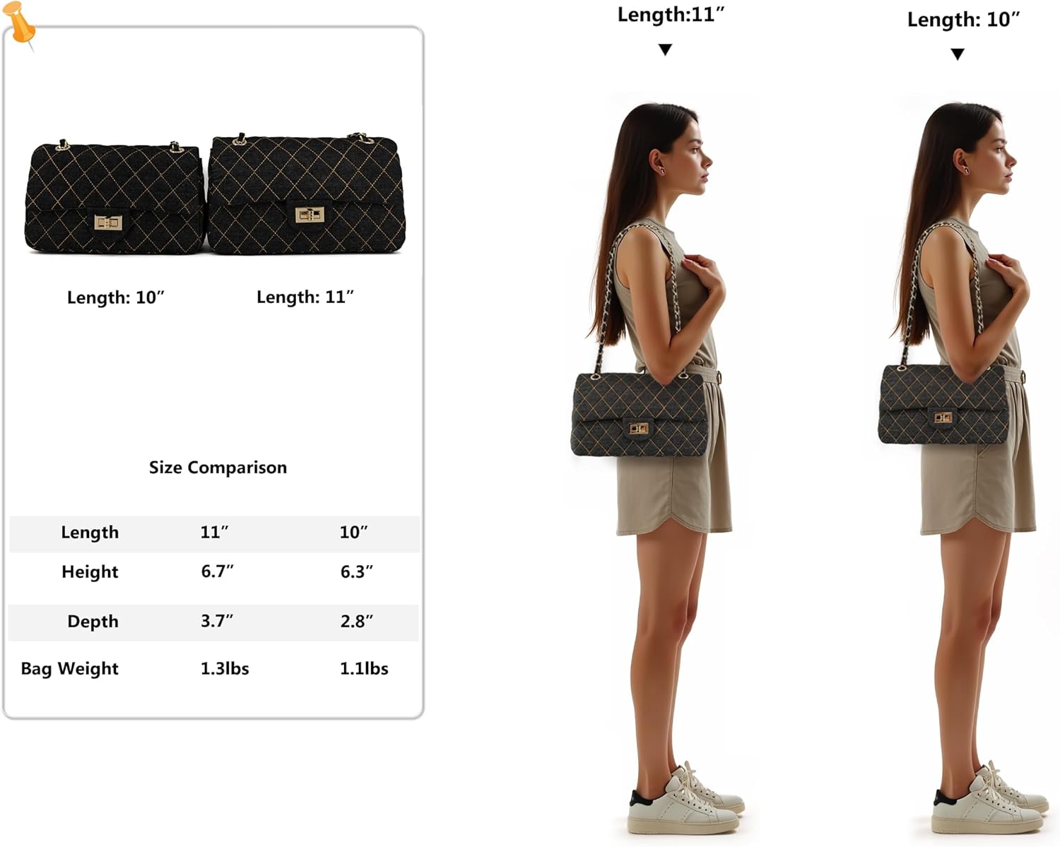 Quilted Denim Crossbody Bags for Women, Chain Strap Shoulder Bags, Medium Double Flap Purse, Gold Hardware Jean Purse - Image 6