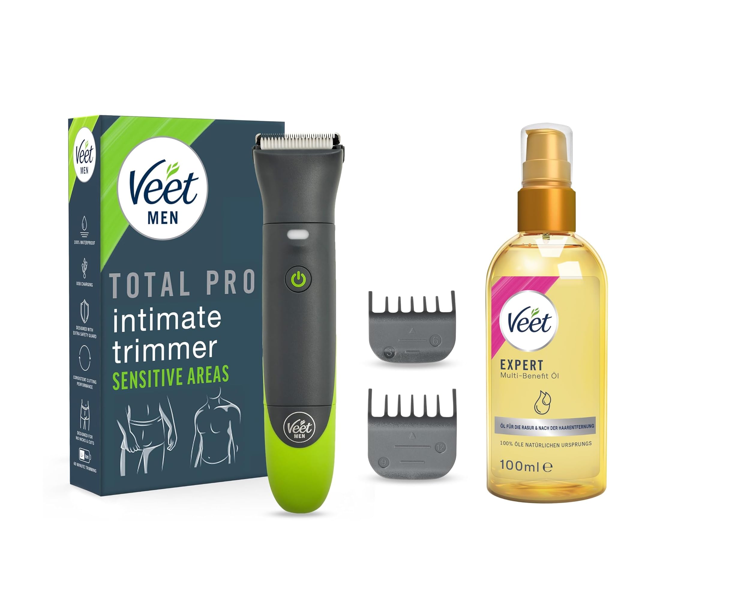 Veet Men Intimate Trimmer + Veet Multi-Benefit Pflegeöl – Intimrasur & Hautpflege Bundle für Männer – 100 ml Öl mit Vitaminen & Omega 3