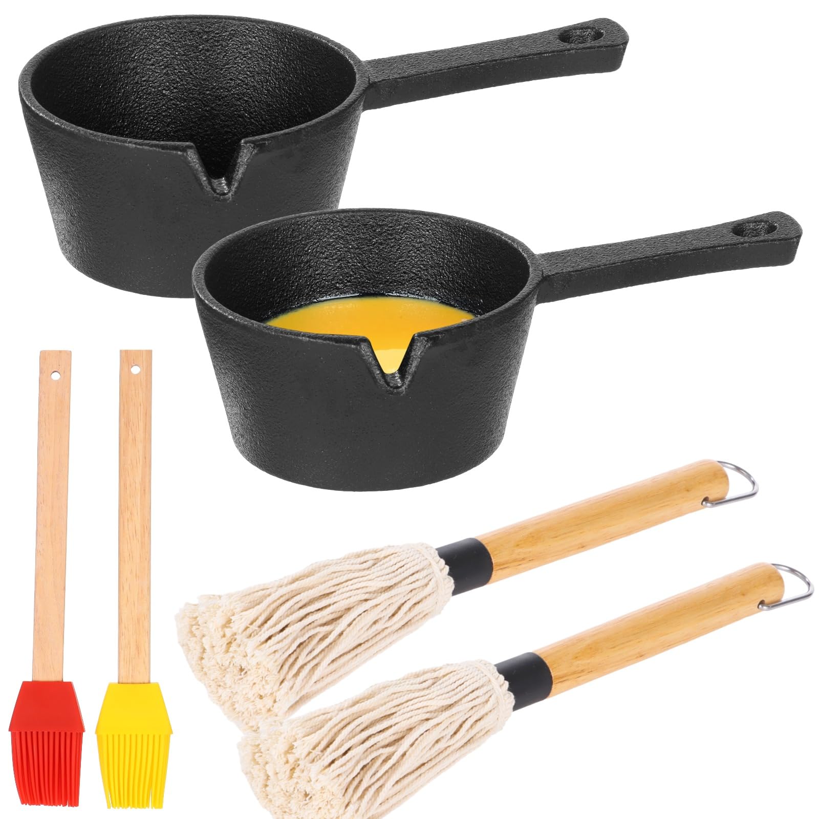 2 Pcs Cast Iron Basting Pot Set, 400 ml / 13.53 fl oz Deep Pan with Oil Spout & Wide Handle, Includes BBQ Mop Brush & Wooden Tea Brush for Outdoor Grilling