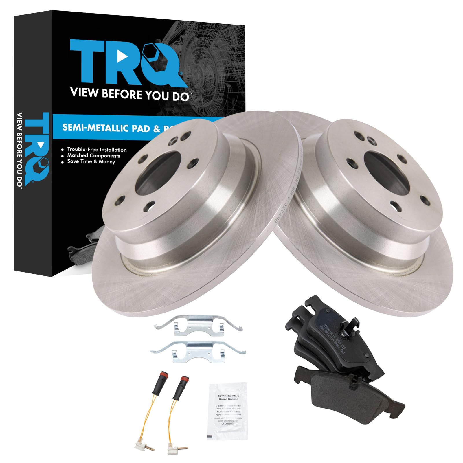 TRQ Rear Brake Pad and Rotor Set Semi Metallic Compatible with 2014 Mercedes-Benz E250 2003-2009 E320 2006 E350 2003-2006 E500