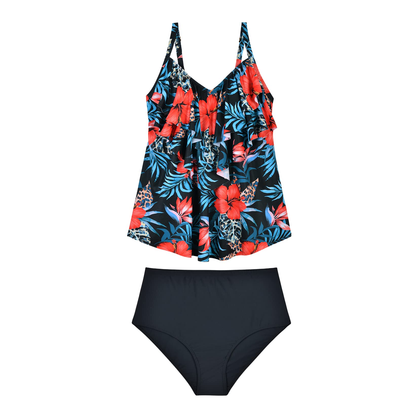 WIN.MAX Set di Costumi da Bagno Tankini da Donna Vita Alta Balza arruffata 2 Pezzi Bikini Set Costume da Bagno Plus Size Costume da Bagno