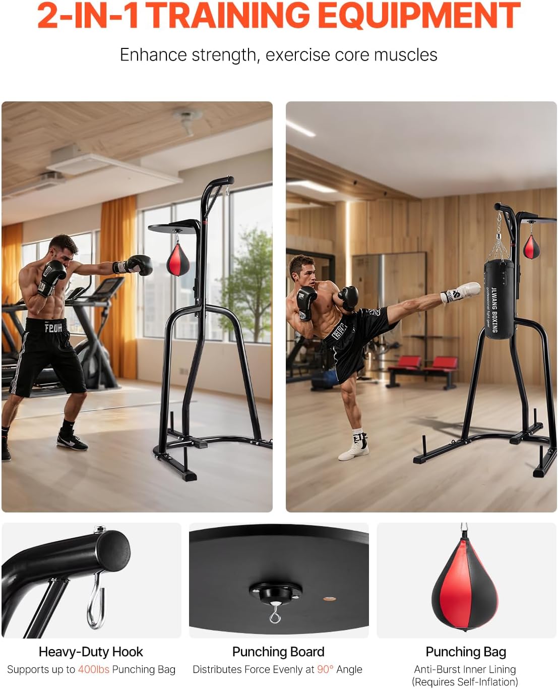 VEVOR Punching Bag Stand, Steel Heavy Duty Workout Training Equipment, Adjustable Height Boxing Punching Stand with Weighted Base, Holds Up to 140 lbs, Freestanding Sandbag Rack for Home Gym Fitness 2 in 1 Freestanding Sandbag Rack