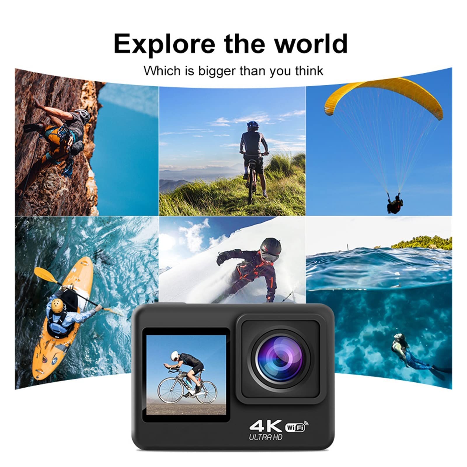 Action Cam, 60fps 4K Action Camera 16MP LCD da 2,0 Pollici EIS Zoom 4X Riprese Video 30m Impermeabile Go Sports Helmet PRO Cam,All'aperto, Sport, Video(with 128G SD Card)
