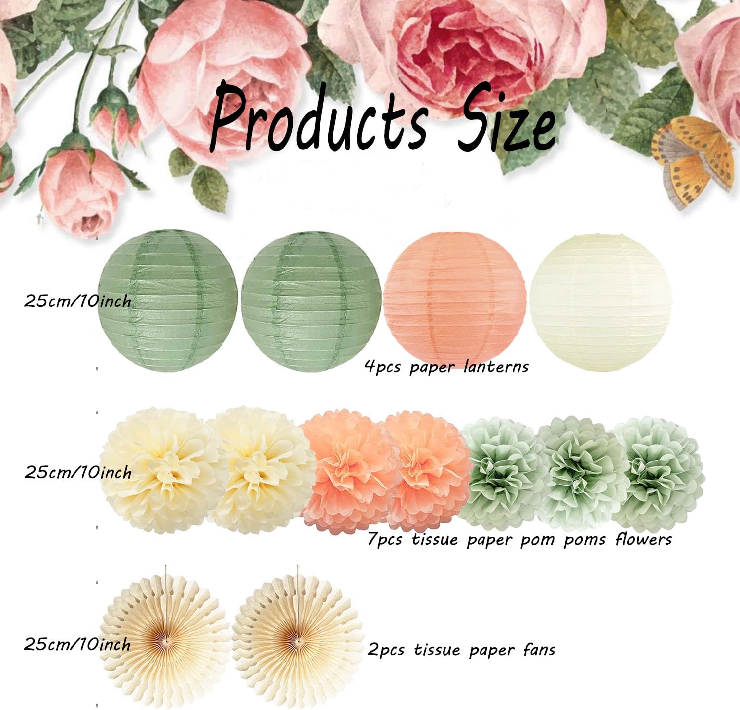 Sage Green Party Decorations Sage Cream Peach Tissue Paper Pom Poms Paper Lanterns Paper Fans for Neutral Birthday Baby Shower Bridal Shower Wedding Engagement Party Decoration