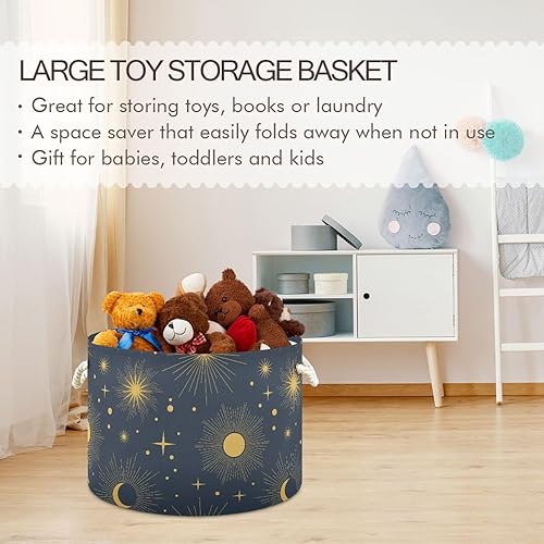 Miniatura 5 de Cesta de almacenamiento redonda grande estilo bohemio, con sol, luna, cielo estrellado, para cuarto de bebé, cesta para guardar ropa, juguetes,