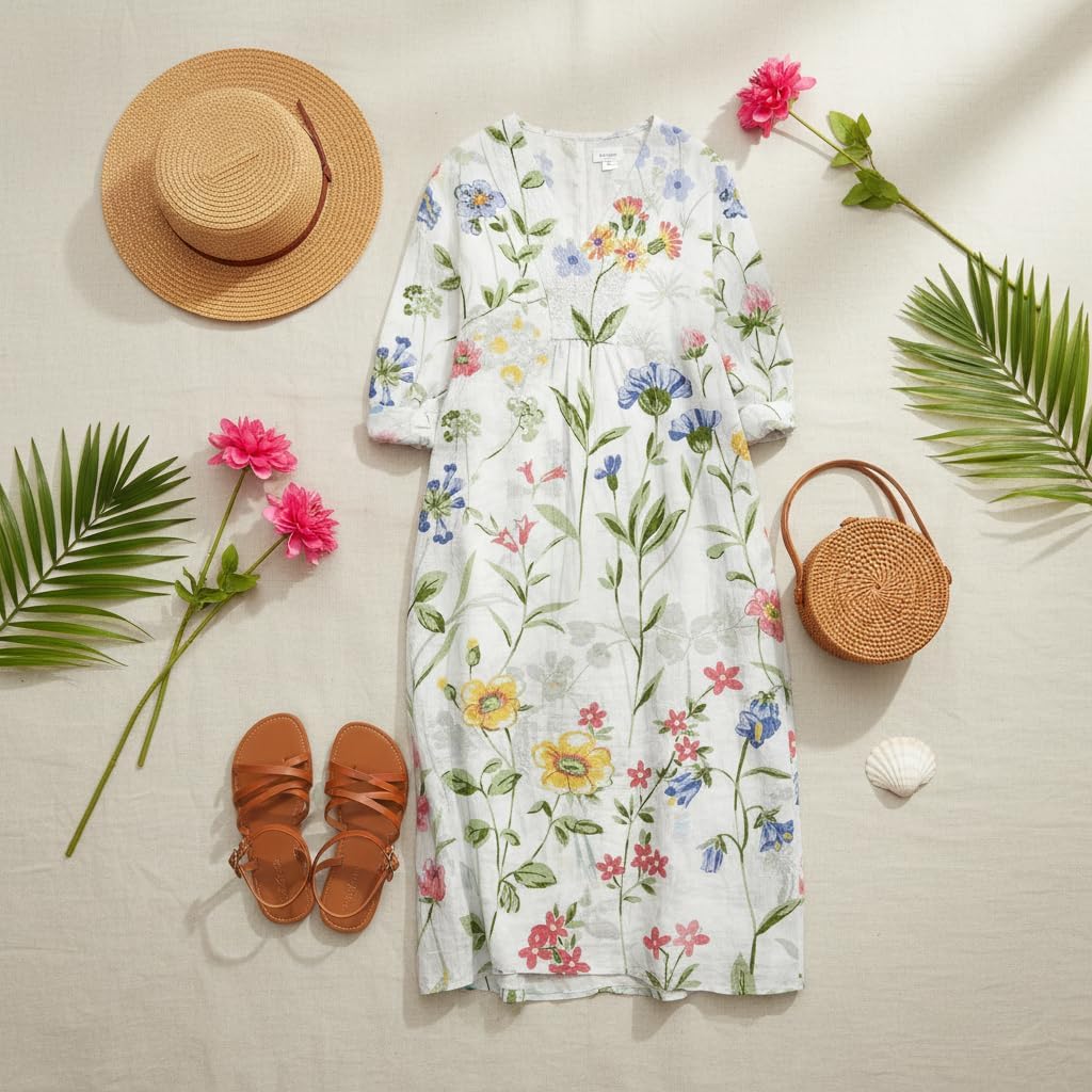 Akivide Women's V Neck Boho Floral Linen Maxi Dress Casual Plus Size Long Sleeve Beach Vacation Tunic Dresses with Pockets - Image 3