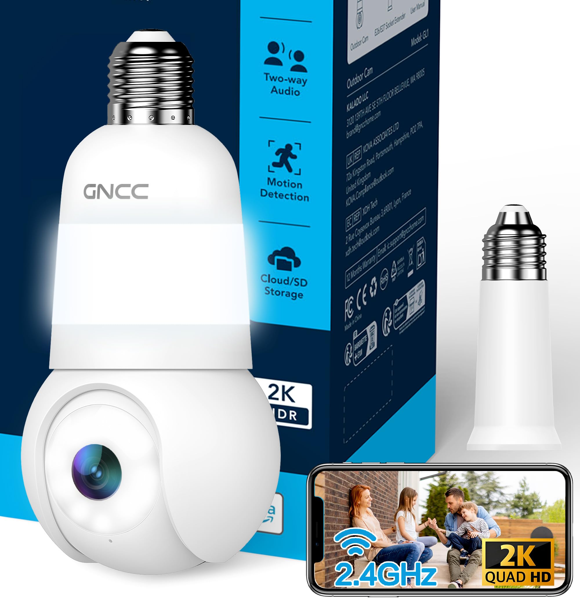 GNCC 2K Light Bulb Security Camera, 2.4GHz Only, 355° Wireless Outdoor Camera, Full-Color Night Vision, Motion Detection, Easy Install, Local & Cloud