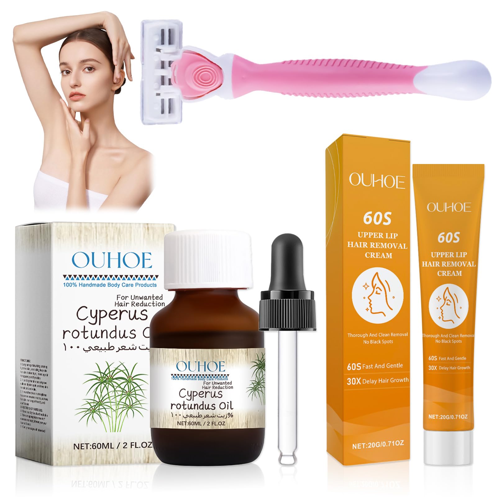 2 Piezas Cyperus Rotundus Oil, con Crema Depilatoria Facial Mujer, Aceite Puro de Cyperus Rotus, Reduce el Crecimiento del Vello Corpora, para Brazos, Piernas, Axilas