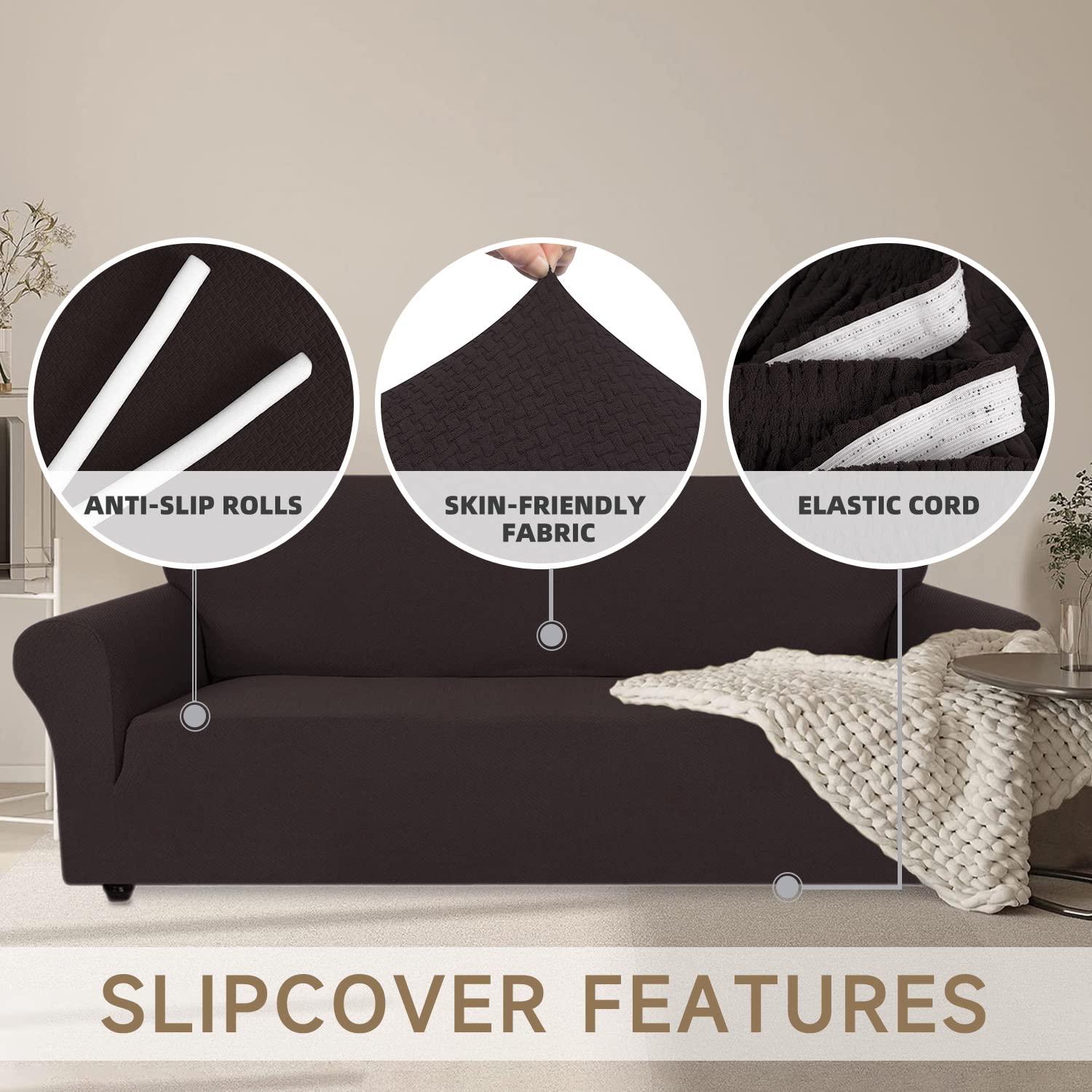 Ystyle Funda de Sofá Elástica 3 plazas, Fundas para Sillones Ajustables con Reposabrazos, Moderna Cubre Sofa Antideslizante Antimanchas Lavable, Protección para Perros y Mascotas, Café