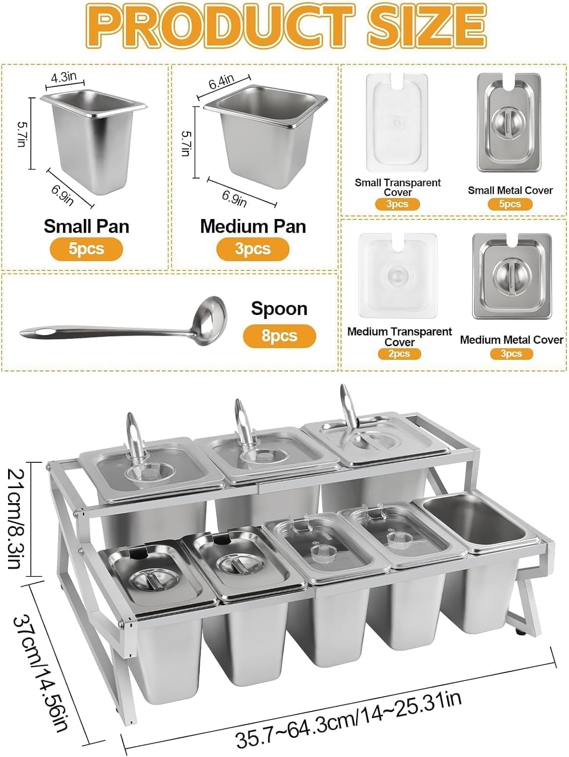 Kalolary 8 Pans Pizza Topping Storage Station, 2 Row Adjustable Stainless Steel Condiment Containers with Lids Spoons Ice Food Serving Display Container Salad Bar Buffet Station for Home Kitchen