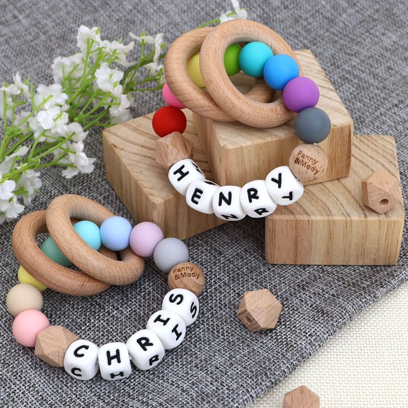 Miniatura 5 de Panny & Mody Círculo de regalo personalizado para bebé con nombre, círculo de silicona personalizable con círculos de madera de haya orgánica