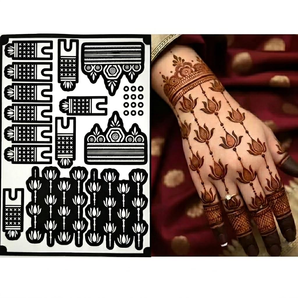 Prime Henna Pro - Premium Lotus Floral Mehndi Stencil Kit for Women | Reusable Arabic & Bridal Henna Templates for Hands | Easy DIY Mehndi Stickers for Weddings & Festivals (Pack of 2)-image-3