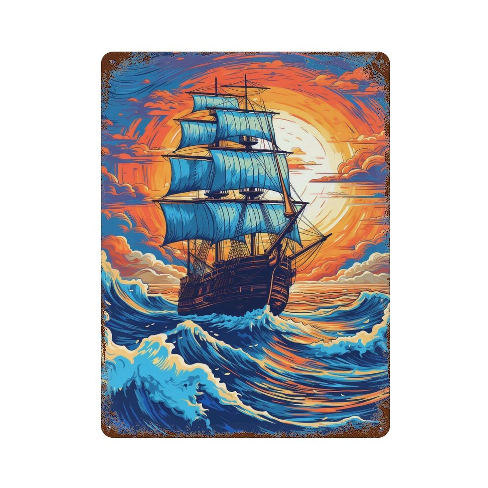 Sailing Ship by Sunset Rusty Metal Tin Sign 15.7"x11.8", for Basement, Hobby Room And Garage Decor, Retro Wall Decor