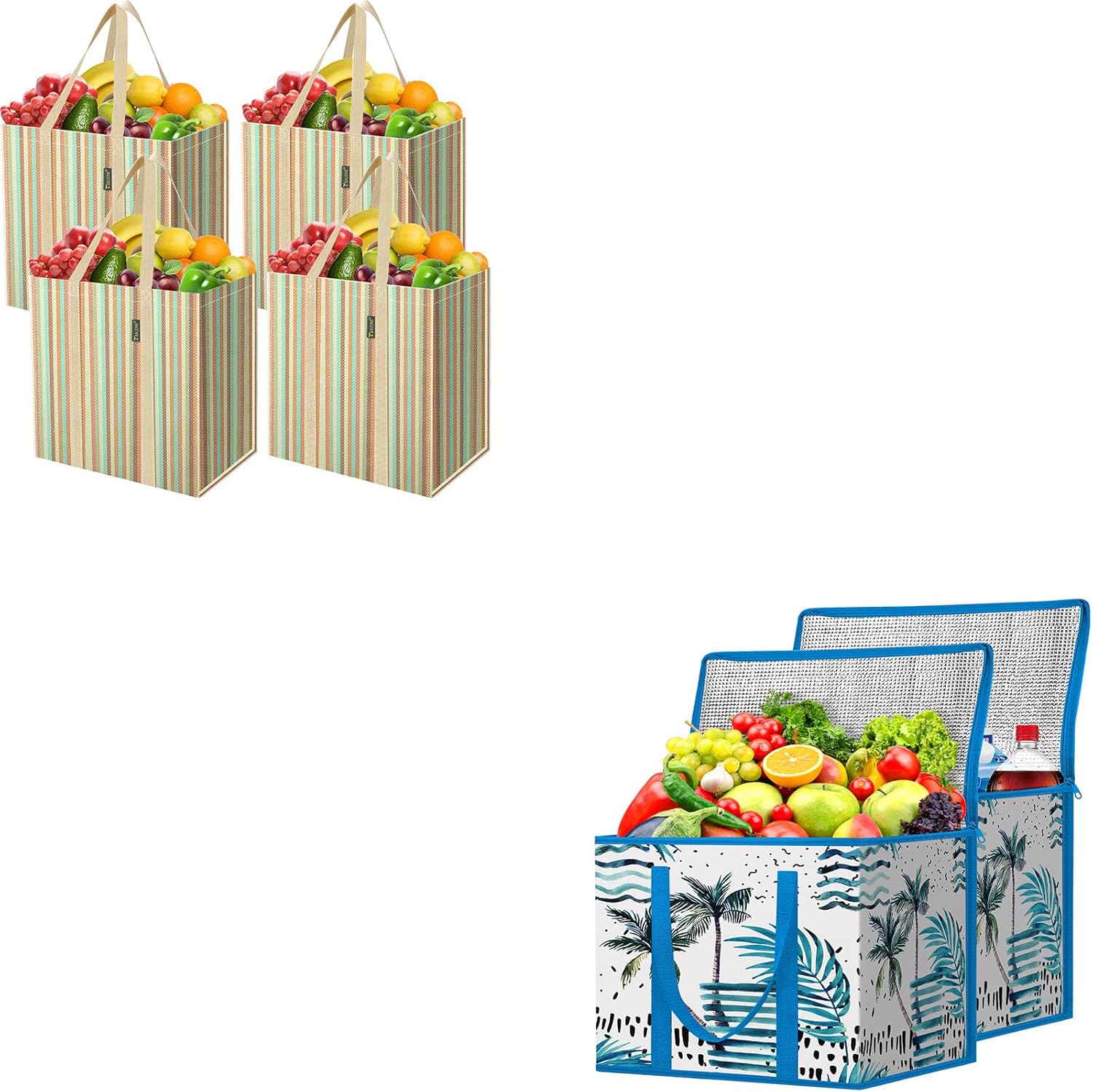 BALEINE 4 PK Grocery Bags Reusable Shopping Bags with Reinforced Bottom & 2Pk Insulated Reusable Grocery Bags