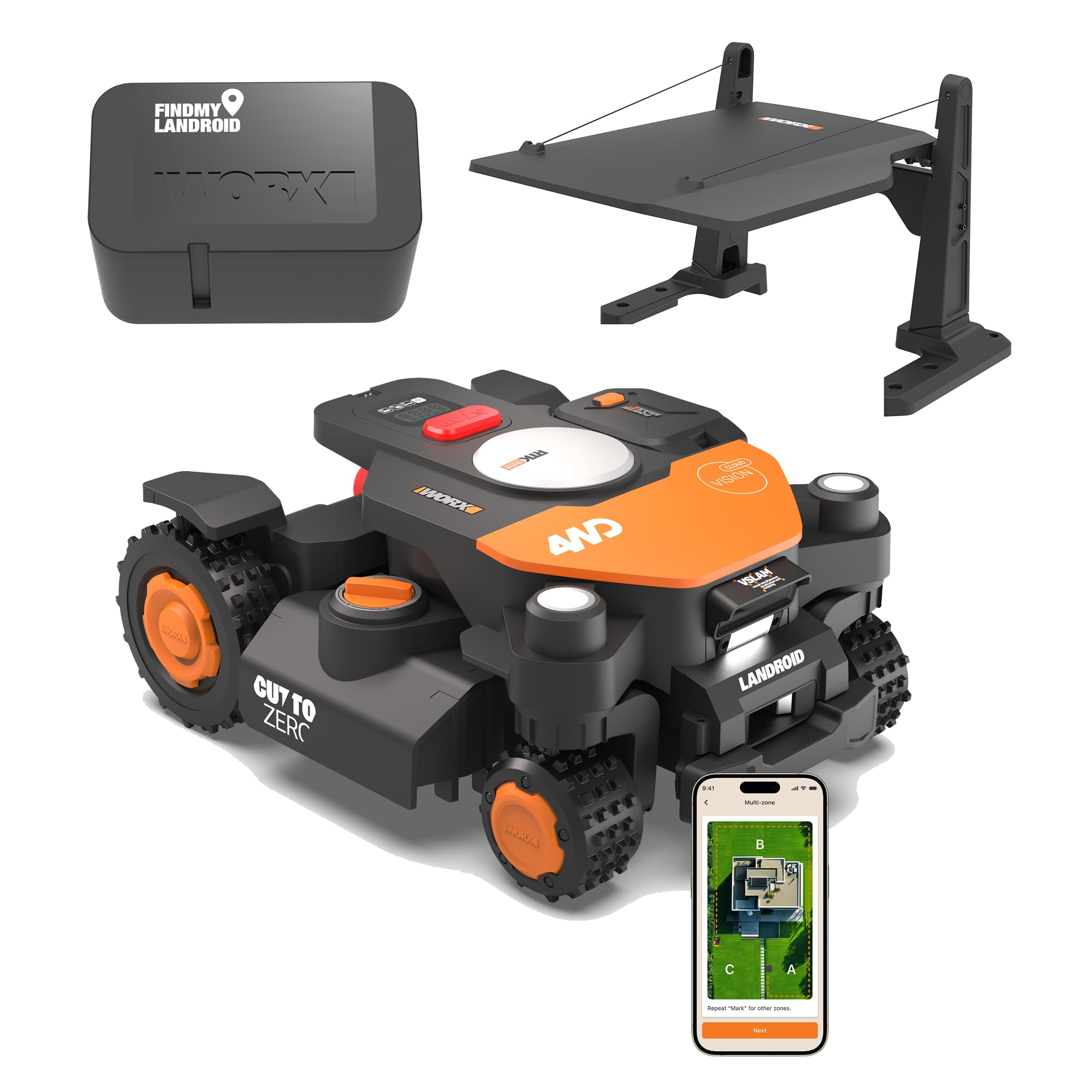 WORX Vision Cloud 4WD WR344E Robot Tondeuse 4000 m² sans Fil périphérique + Garage + Antivol (évitement d'obstacles par IA, Navigation VSLAM + RTK Cloud, Pente de 84%, cartographie Auto, Cut-to-Zero)