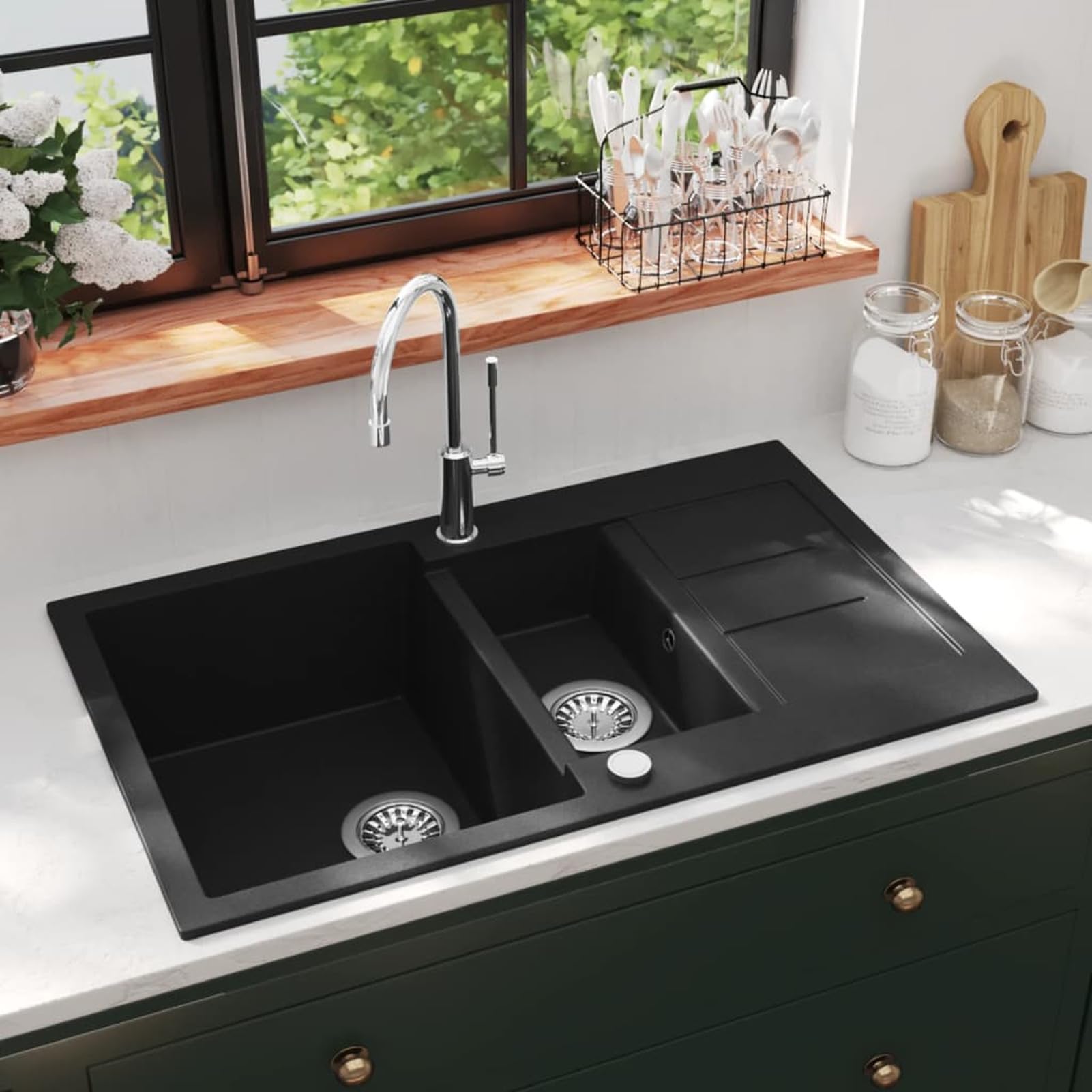 Fregadero de Cocina de Granito Negro - 80% Cuarzo, 20% Resina, Reversible, 800x500x306mm, Instalación Sobrepuesta
