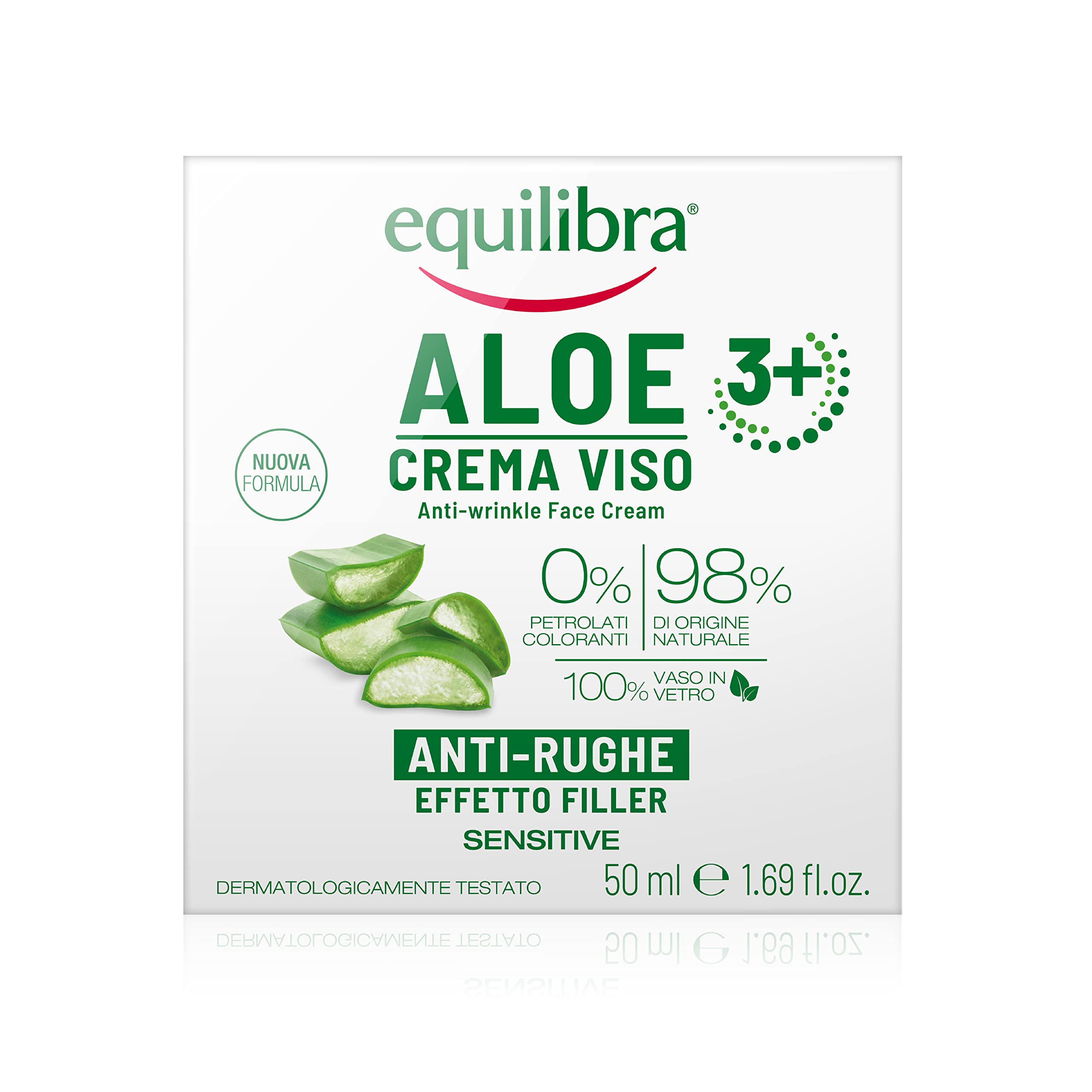 Equilibra Cuidado Facial, Crema Facial Antiarrugas a Base de Aloe Vera y Aloe 3+ con Efecto Rellenador, para Pieles Sensibles, Contrarresta los Signos del Envejecimiento, Acción Alisadora, 50 ml