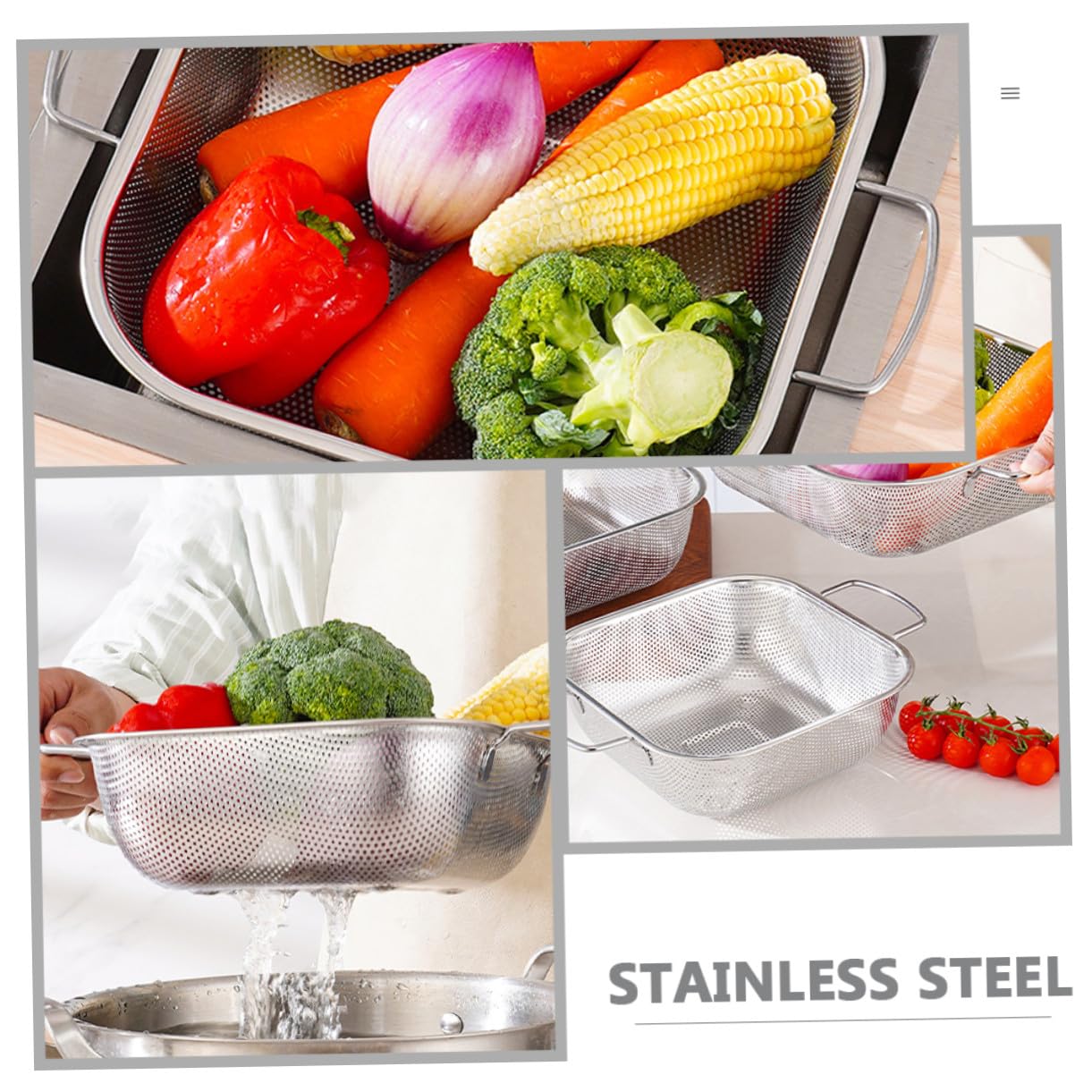 Colador de Acero Inoxidable con Asas Dobles, 1 Pieza, Plata | Gran Capacidad, Drenaje y Filtrado de Agua, Formato Cuadrado para Lavado de Frutas y Verduras