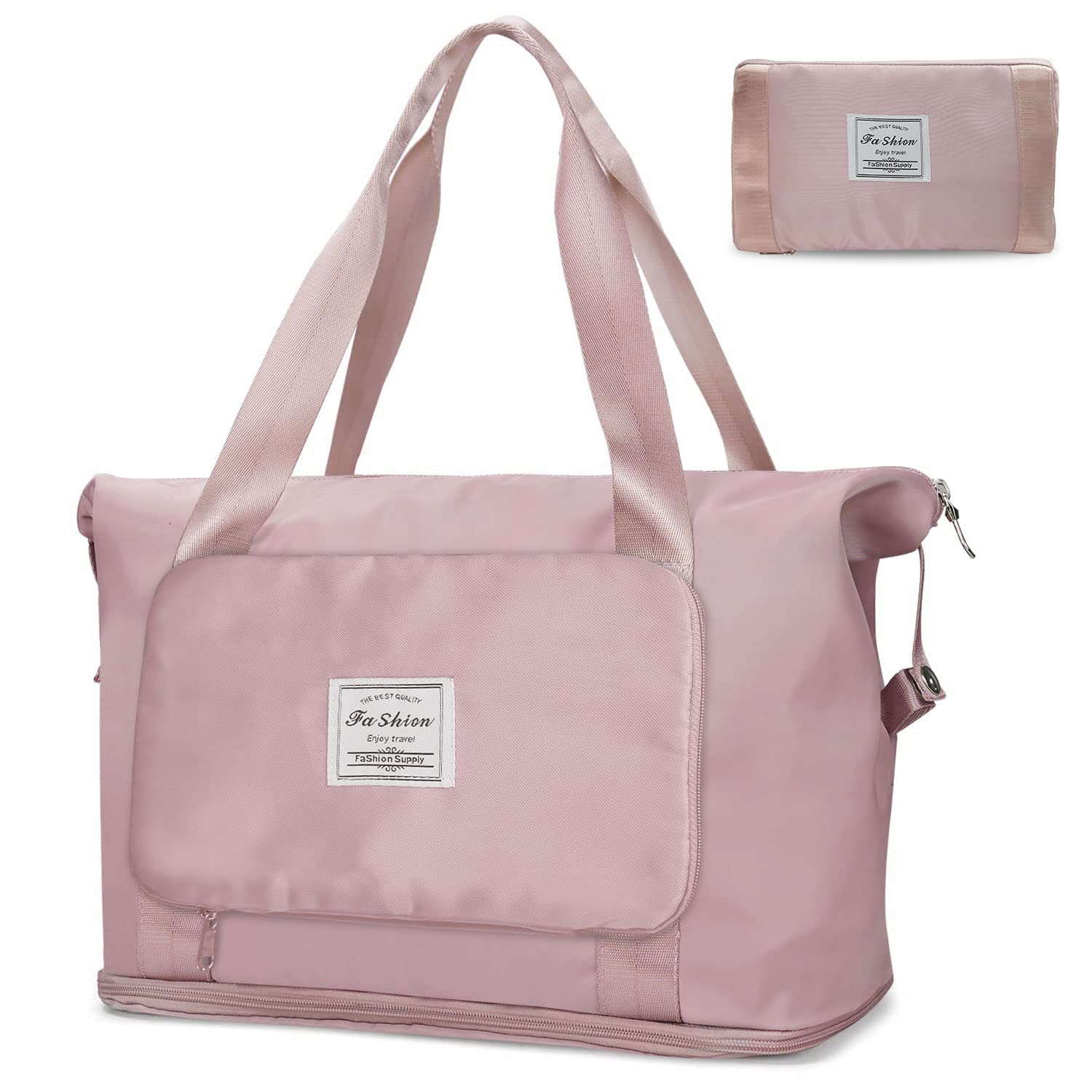 HengLiSamFolding Travel Bag, Large Capacity Waterproof Expandable Travel Duffel Tote Bag, Carry on Luggage Sport Duffle Weekender Overnight for Women and Girls, Pink, 11.4 x 6.7 x 1.57in