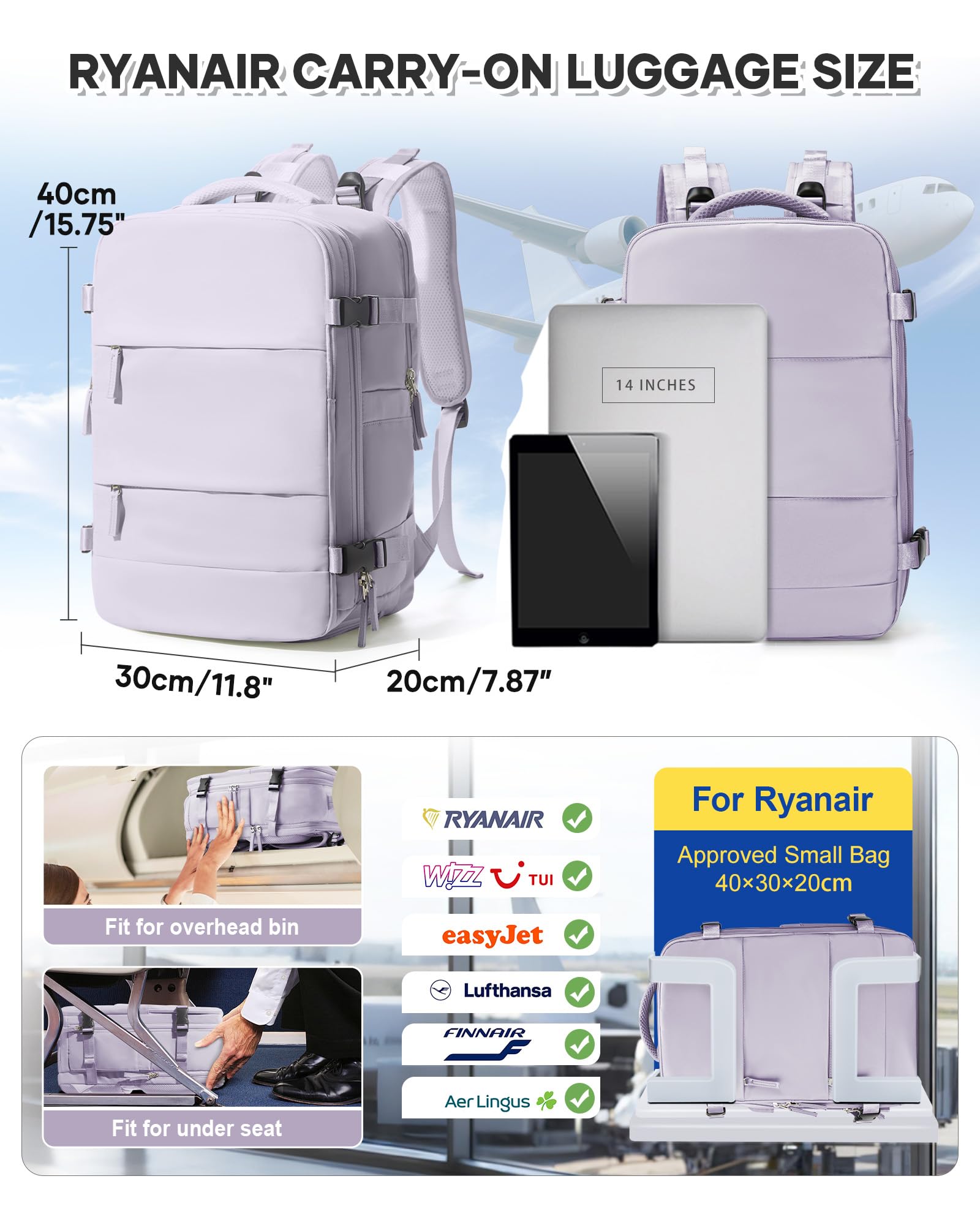 BJLFS Borse da Cabina per Ryanair 40x30x20 Bagaglio a mano Sottovuoto 40x20x25 Zaino da Viaggio con Sottovuoto impermeabile Donna Zaino Easyjet 45x36x20 Zaini Wizzair con porta scarpe