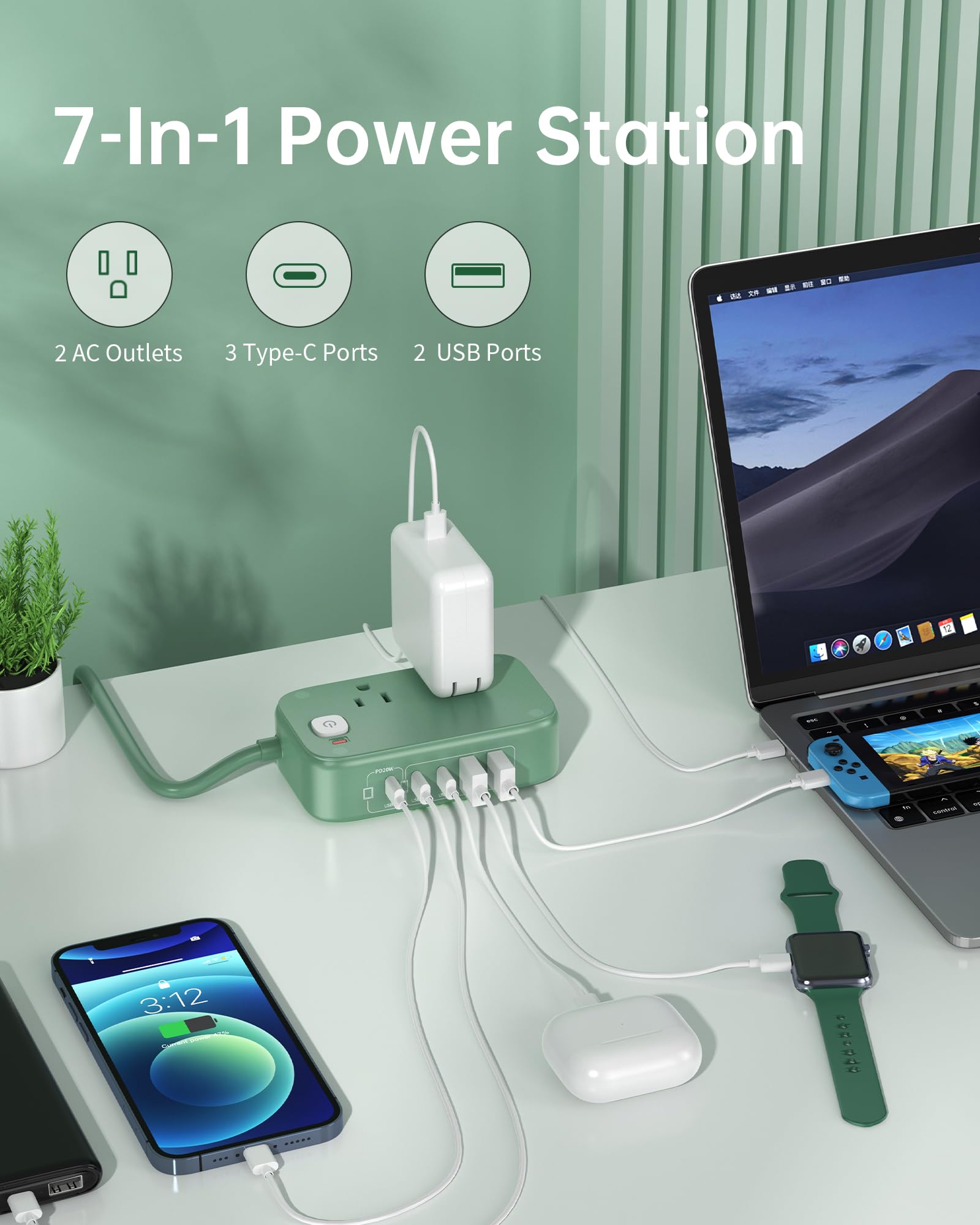 VPSUN Power Strip with USB C Ports,30W USB C Charging Station,Surge Protection 1200J, 5FT Flat Extension Cord USB Charger Hub for Multiple Devices (Pearl Green, 30w)