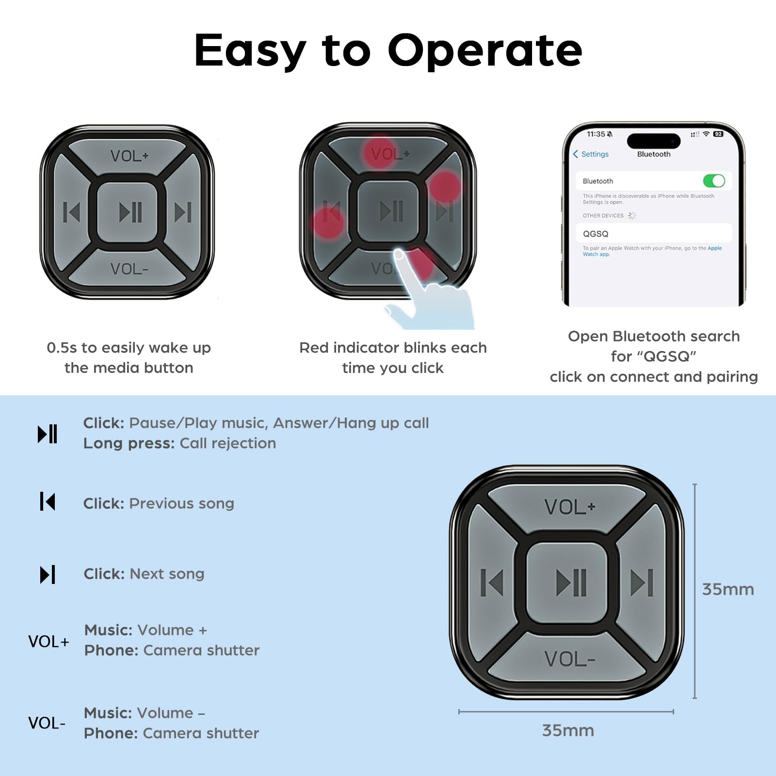 Bluetooth Wireless Multimedia Remote Control Button for iPhone Android Selfie Music Controller