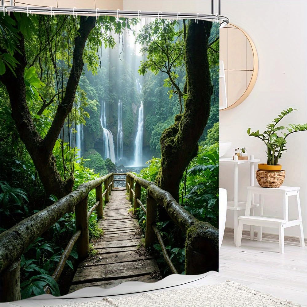 GLWDMB 1 Piece 150x180CM Tropical Rainforest Scene with a Wooden Bridge Printed Shower Curtain With Hook, Polyester, for Windows And Walls, Bathtub, Bathroom, Machine Washable, All Season Universal