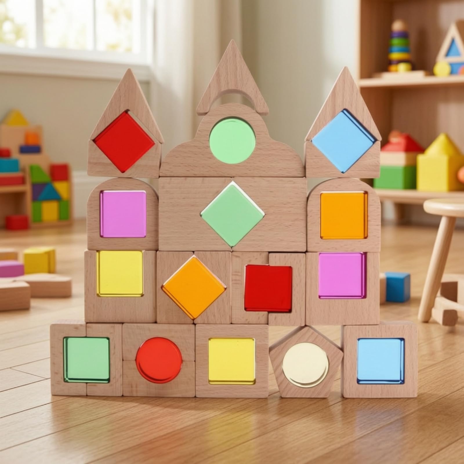 Holzbausteine mit Acrylfenster lichtdurchlässig Holzbausteine mit Acryl Frühförderung Regenbogenbausteine für