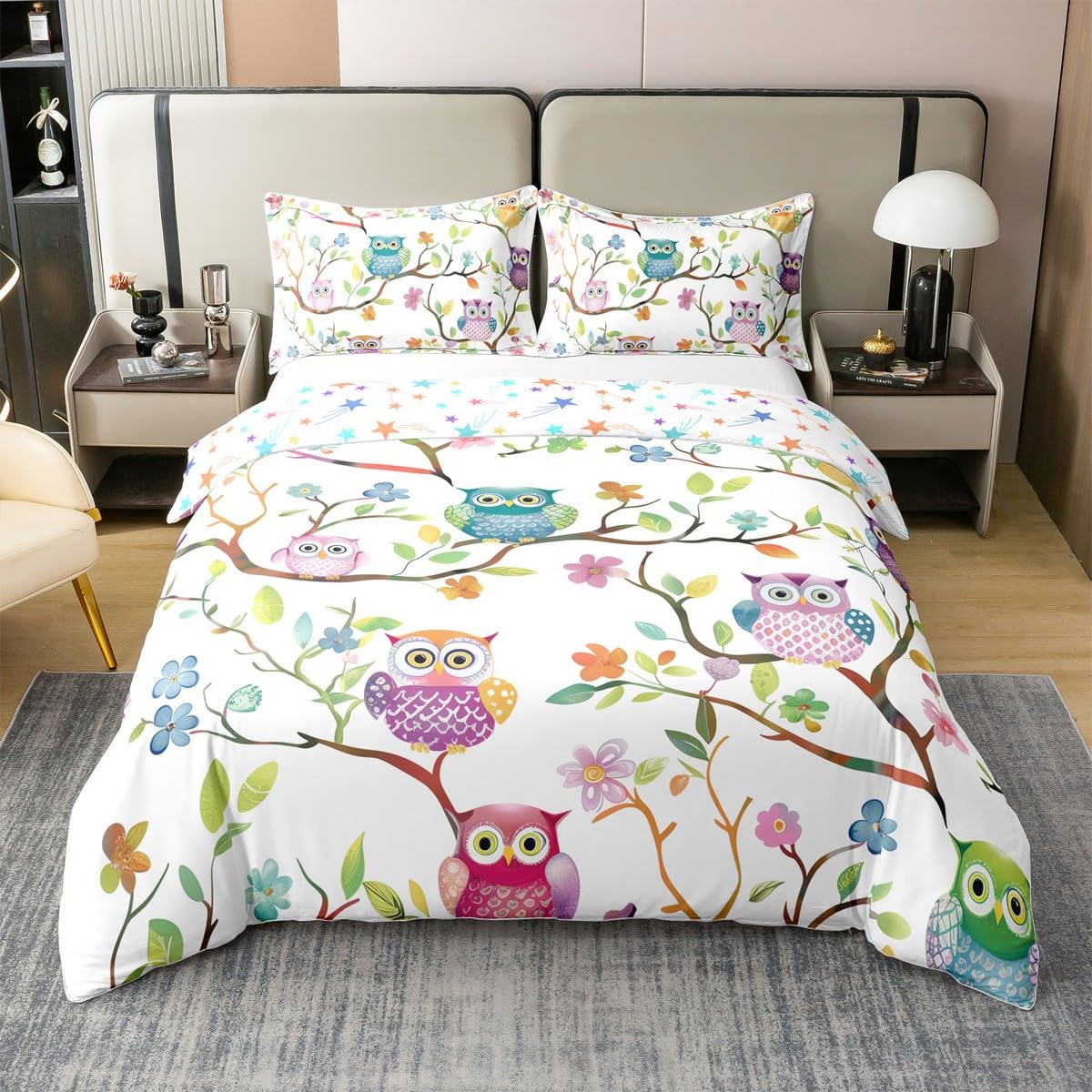 Loussiesd niedliche Eule 100% Baumwolle Bettwäsche Set 135x200cm Tier Eule Blumen Bettbezug Set für Teenager Mädchen Zimmer Dekor Regenbogen Cartoon Eule Betten Set Botanische Weich Bettwäsche-Set