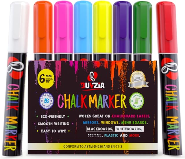BUYZIA Liquid Chalk Pens 6mm Reversible Tip Neon Color Markers for Non Porous Surfaces - 8 Pack