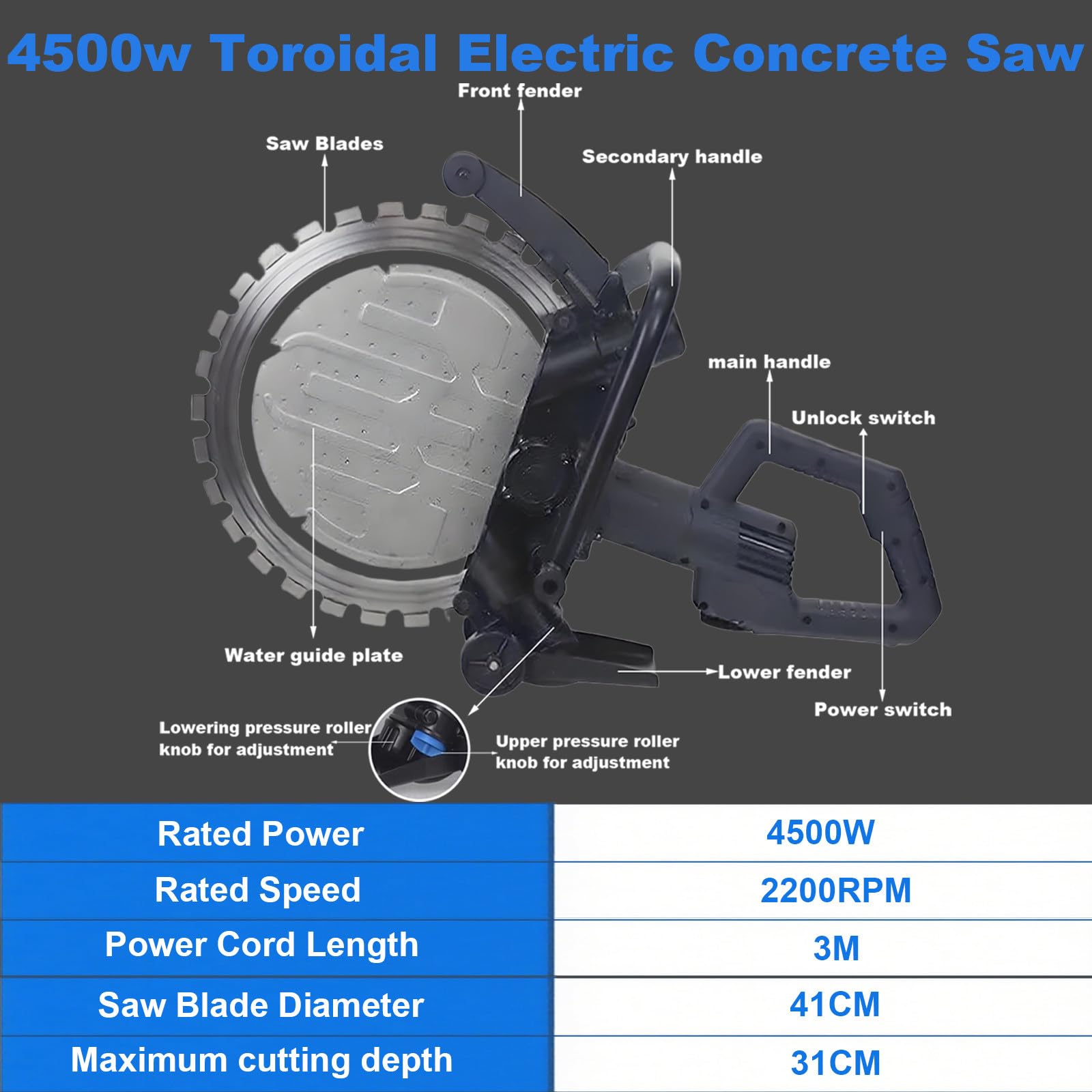Rozadora Muros Eléctrica, Sierra Circular para Hormigón 4500w con Bomba Agua Y 1 Hoja Diamante, Profundidad Corte31cm, Cortadora Muros Diamante para Granito Y Hormigón Armado