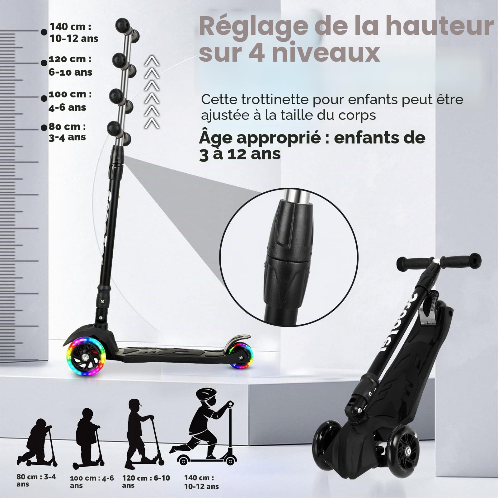 Sonnewelt Trottinette Enfant avec 3 Roues LED,Roues Lumineuses,Hauteur réglable，Amortisseur ShockResist Frein & Pliable Trottinette pour Enfants de 3 à 14 Ans