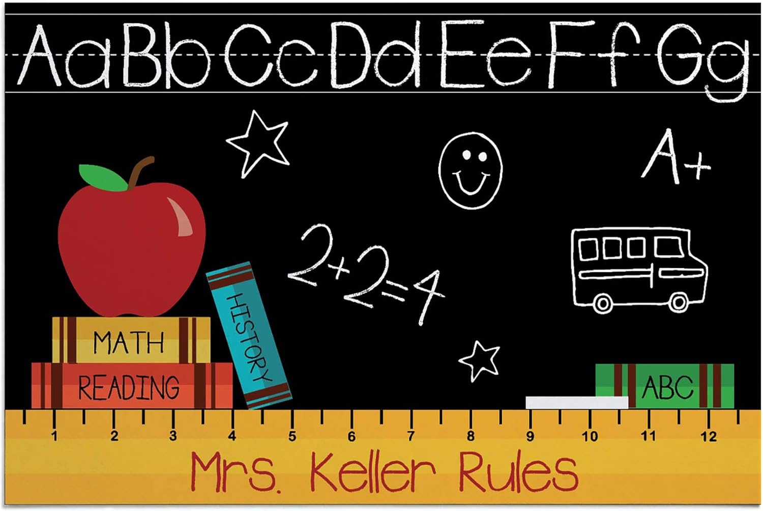 Teachers Rule Personalized Doormat - Black Custom Entry Door Mat with Name Printing on Durable 1/8" Thick Low Profile Welcome Mat, Indoor Outdoor, Non Slip Rubber Backing, Rectangular, 18x27