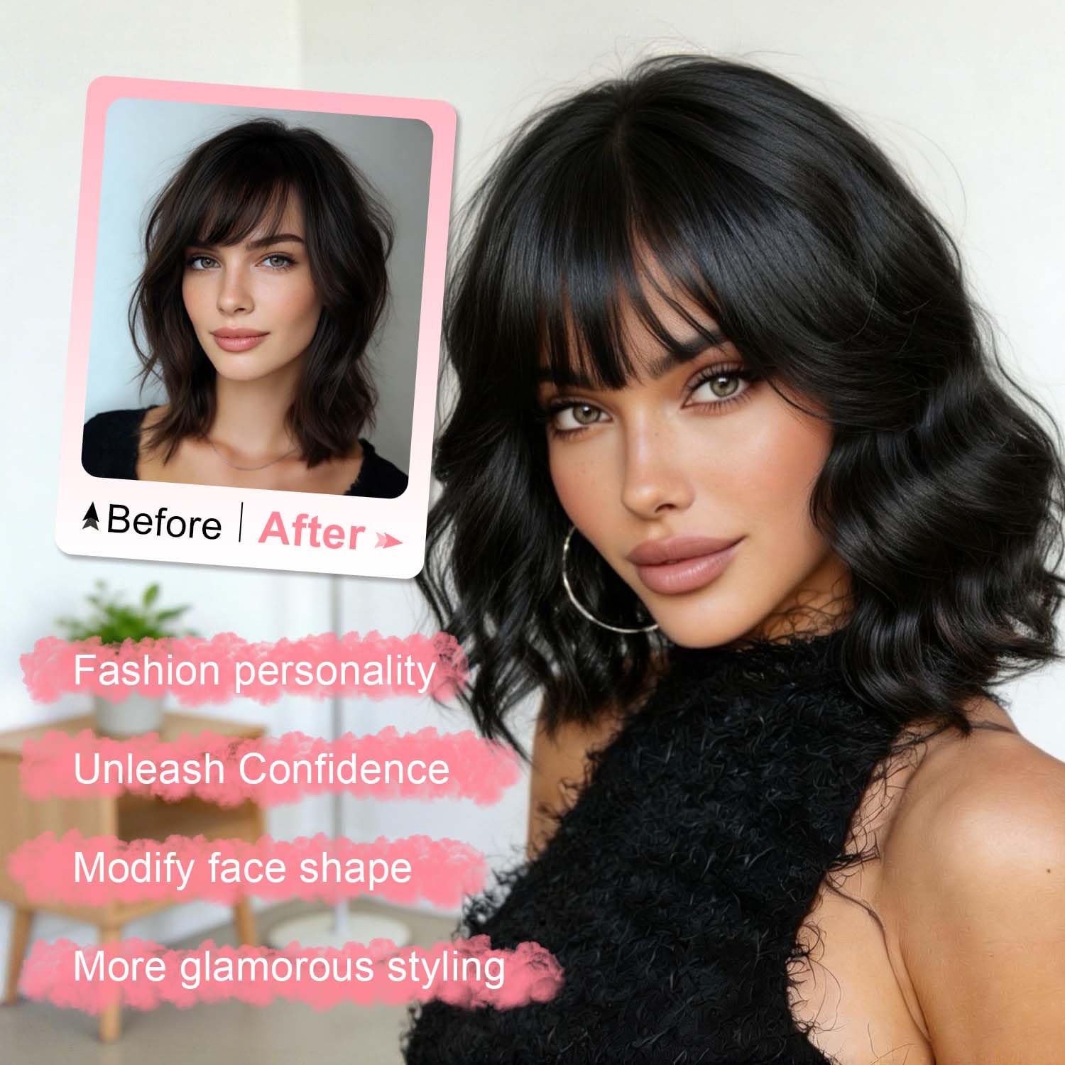 Black Bob Wig With Bangs Wave Wigs for Women 14 Inch Short Loose Wavy Heat Resistant Synthetic Wig Shoulder Length Natural Color Hair for Daily and Party Use