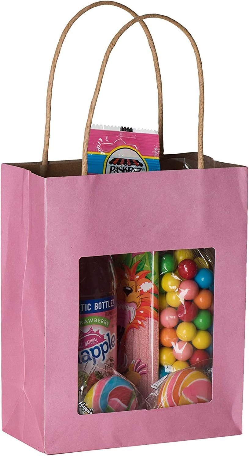 Hammont Paper Bags with Handles – Pink Gift Bags Bulk Medium Size 200 Pack Paper Craft Bag – Kraft Bags with Window - Transparent Gift Bags - Party Favor Gift Bags for Kids - 7.75"x 6.25"x 3"