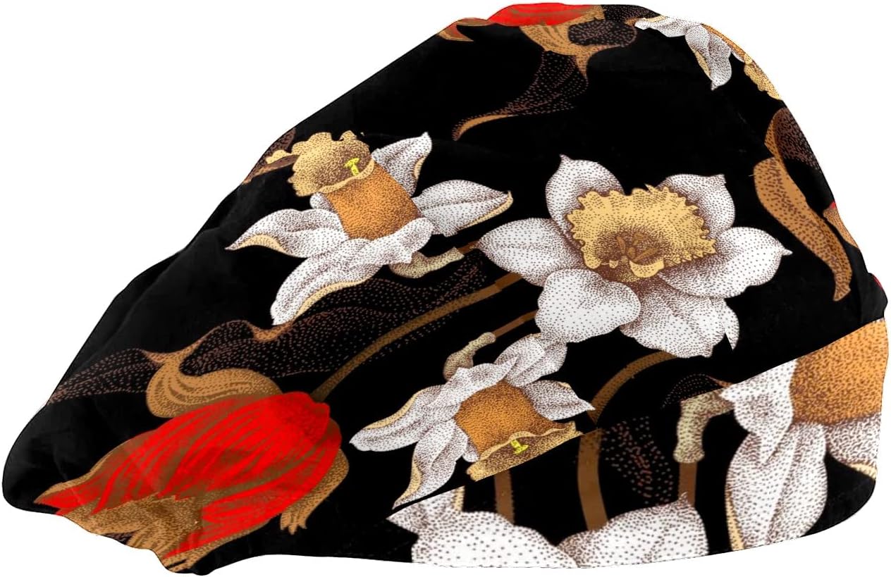 Working Cap with Button and Sweatband Adjustable Tie Back Bouffant Hats Printed Multi Color for Woman ManRose Flower