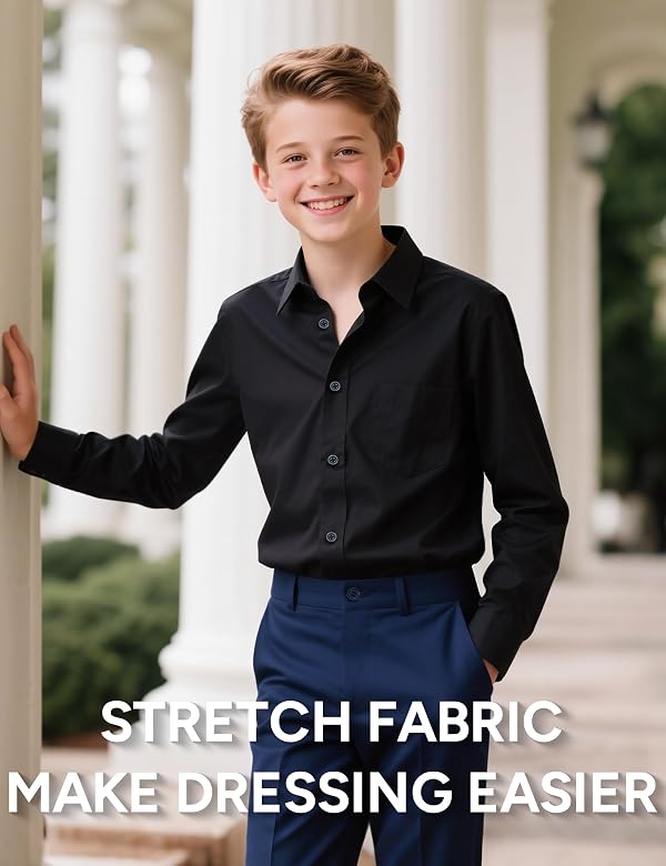 Marvelous World Boys' Long Sleeve Solid Buttoned Cuffs Dress Shirt Kids Casual Button Down Shirts with Chest Pocket Black Stretch Size 3 by Marvelous World - Image 3