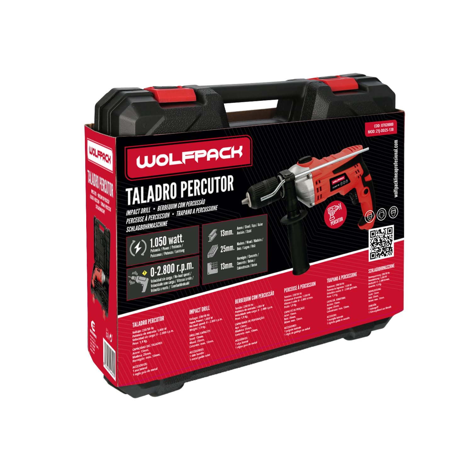 WOLFPACK LINEA PROFESIONAL Taladro Percutor Con Variador de Velocidad 1050 Watt. Incluye Maletín, Empuñadura y Guia Metalica.