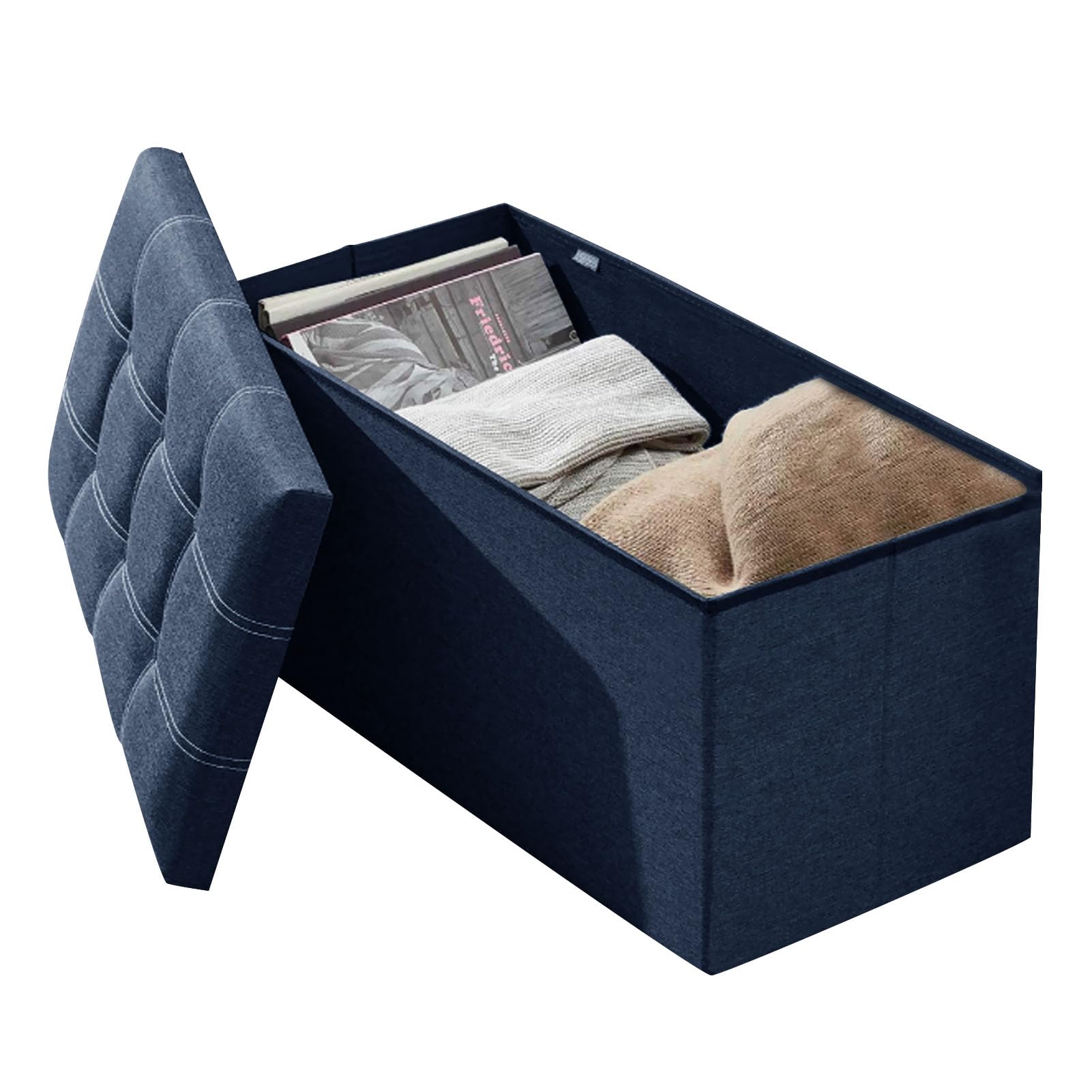 Beauenty Ottoman Storage Box - Large Foldable Storage 76W x 38D x 38H - Hidden Storage Foot Rest Stool for Bedroom, Living Room, and Hallway with lid storage box(Blue)