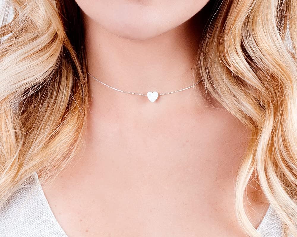 Opal Heart Choker Necklace - Gold Filled, Sterling Silver or Rose Gold, Dainty Short Necklace for Women, Blue, White or Pink Love Pendant 13.5"-16.5" - Image 2