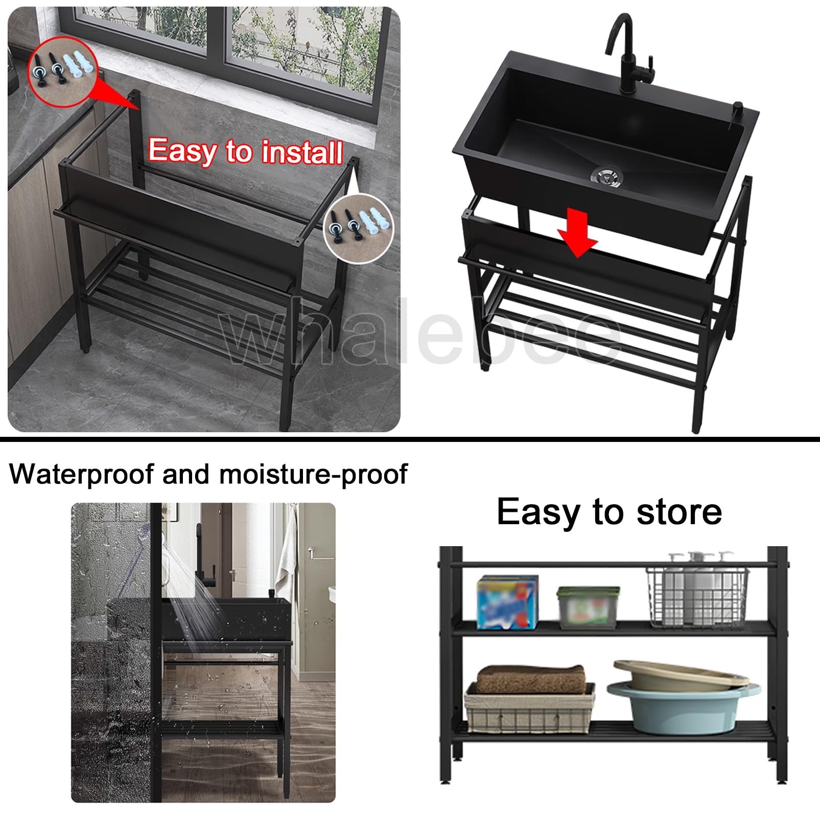 Spüle Freistehendes, Spülbecken Edelstahl Outdoor Waschbecken Garten Länge 55 60 65 68 80 90cm Schwarz Sink Set, Kitchen Sink Mit Handtuchhalter, Warm- Und Kaltwasserhähne