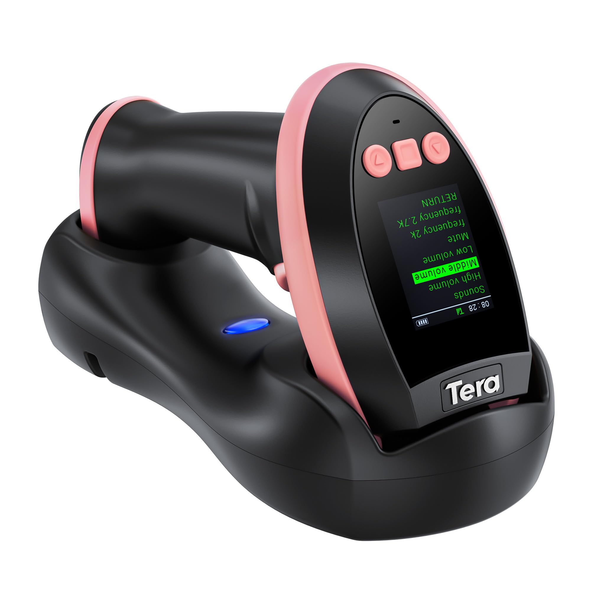 Tera Barcode Scanner Wireless with Screen: Pro Version 1D 2D QR with Setting Keypad Charging Cradle Works with Bluetooth 2.4G Wireless USB Wired Handheld Bar Code Reader HW0009 Pink
