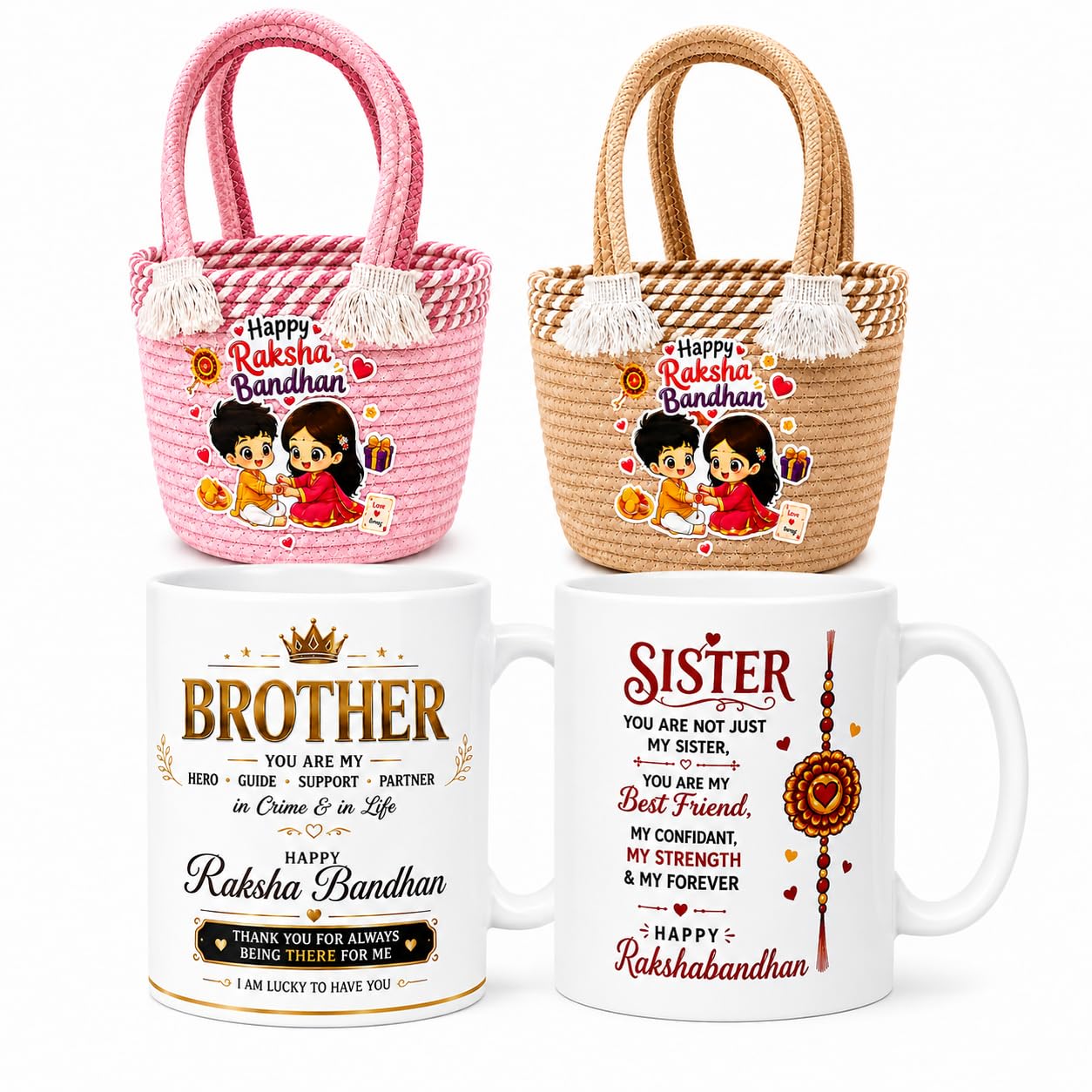 Raksha Bandhan Gift Hamper for Brother Sister, Random Color Handmade Rope Basket, Brother Mug, Sister Mug, Bhai Behen Rakhi Gift Combo, Premium Festival Present, Decorative Storage Organizer-image-49