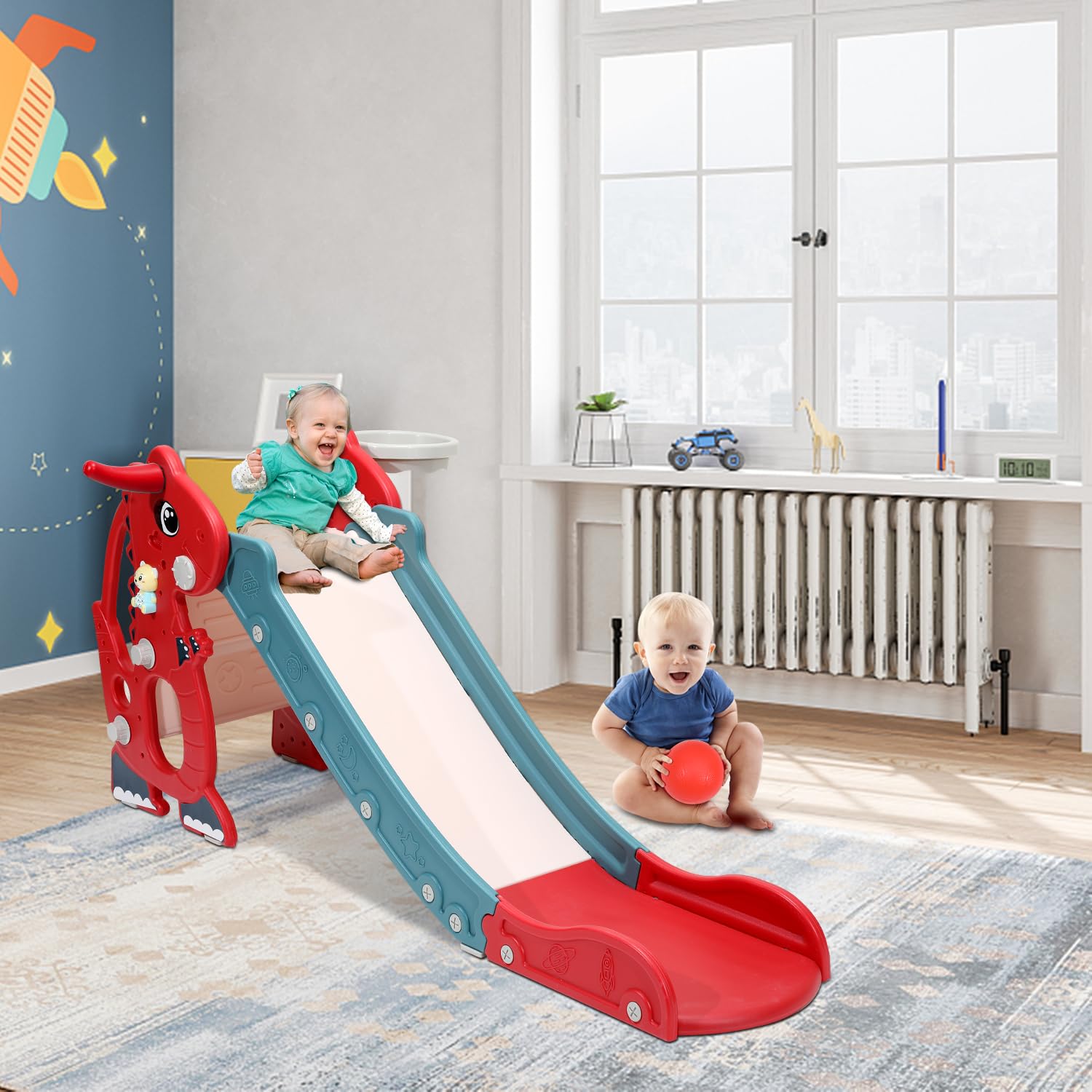Tobogán 4 En 1 Para Niños De 1 A 3 Años – Con Baloncesto, Escalada, Aprendizaje Temprano Y Juego De Deslizamiento, Plegable Y Estable (145 X 38 X 67 Cm)