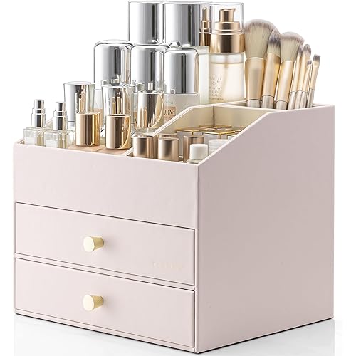 Vlando Makeup Organizer,Skincare Organizer for Vanity,PU Leather Make up Organizer with Drawers Cosmetic Display Case for Countertop,Bathroom,Gifts Ideas for Women (Apricot White)
