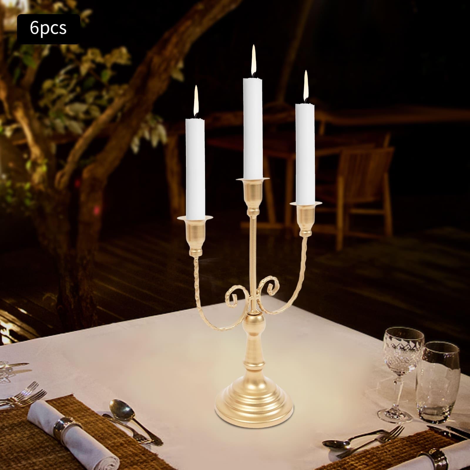 Set di 6 candelieri in metallo a 3 bracci, stile retrò, 20 x 30 cm, per candele da 2 cm, ideale per ristorante, soggiorno, hotel, matrimoni, cene, compleanni (oro)