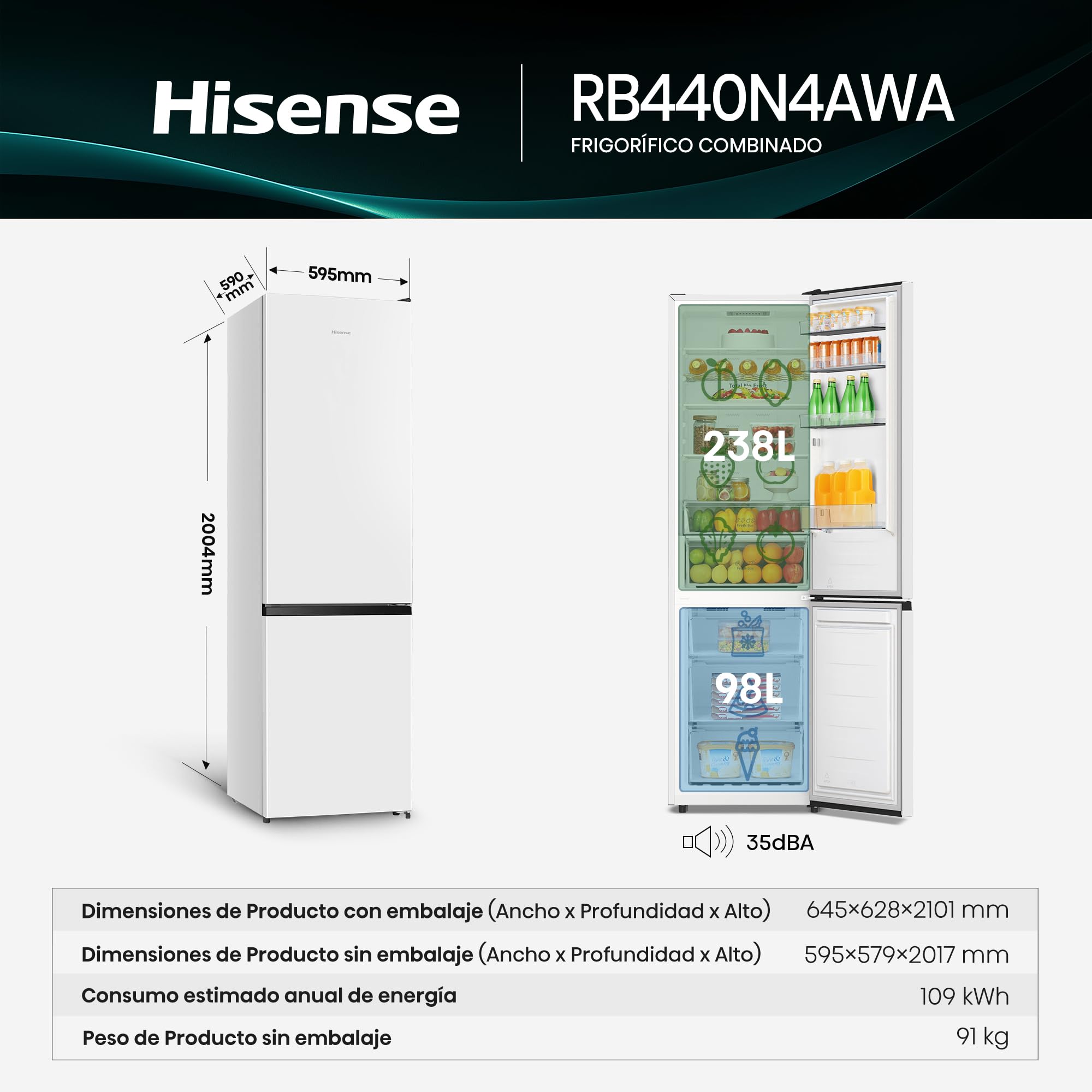 Hisense RB440N4AWA - Frigorífico Combi Total No Frost, Clase A, 336L, 202cm, Multi Airflow, Apertura de Puerta 90, Congelamiento Rápido, Botellero, Puerta Reversible, WiFi, Blanco