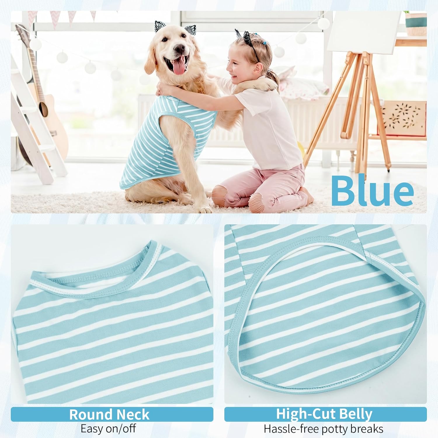 Lelepet 2 Pack Dog Shirts for Small Medium Large Dogs, Soft Cotton Dog T-Shirt Clothes, Striped Pet Sleeveless Vest Tank Top for Dogs Boys Girls, Lightweight Puppy Outfit Pet Sweatshirt, Blue XL